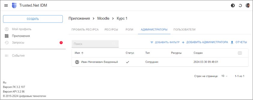 Форма просмотра ресурса – Администраторы