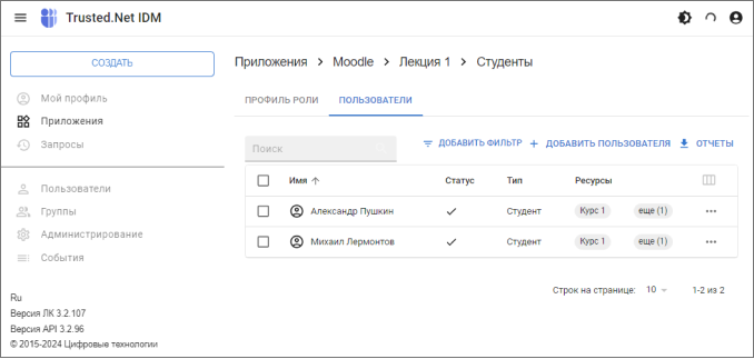 Форма просмотра роли – пользователи